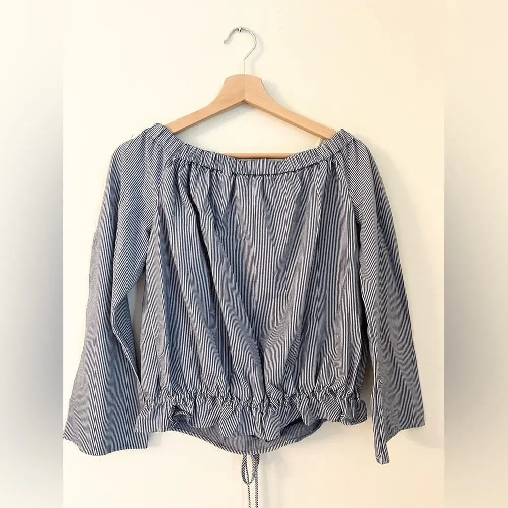 Theory Odettah Off Shoulder Seersucker blue and white striped blouse top fall